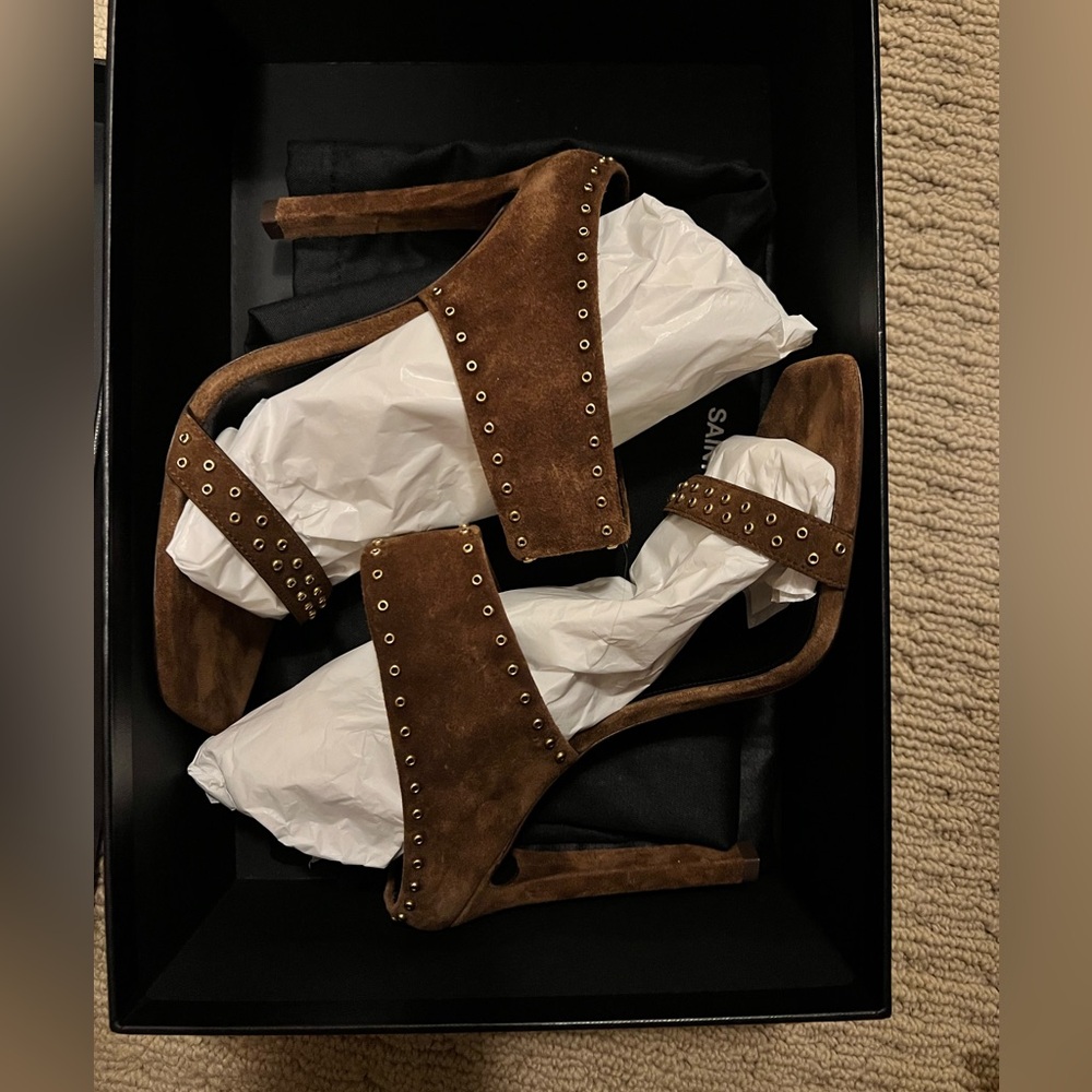 New Saint Laurent Suede Mica Stud Mule Sandals Size 37 Brown - Picture 3 of 9
